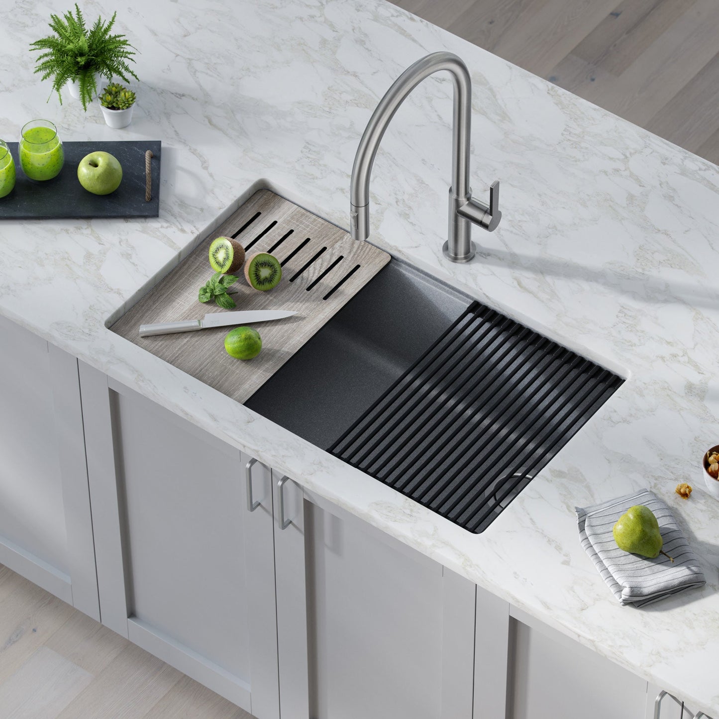 KRAUS Bellucci Workstation 33" Undermount Granite Composite Kitchen Sink in Metallic Gray with Accessories