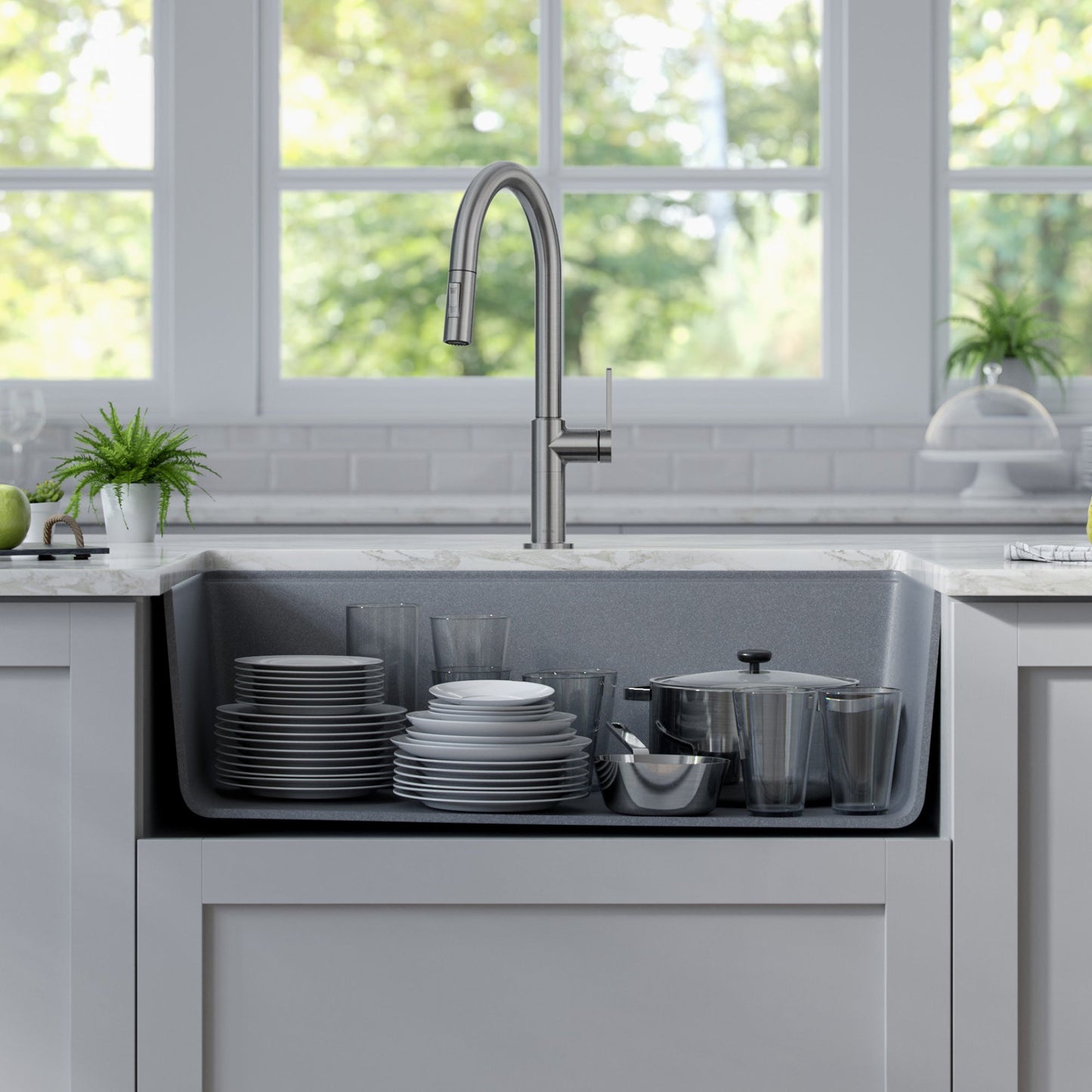 KRAUS Bellucci Workstation 33" Undermount Granite Composite Kitchen Sink in Metallic Gray with Accessories