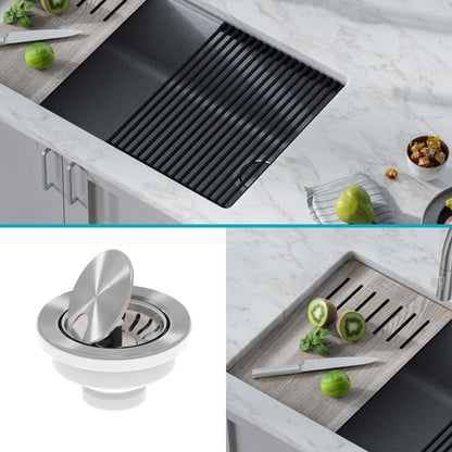 KRAUS Bellucci Workstation 33" Undermount Granite Composite Kitchen Sink in Metallic Gray with Accessories