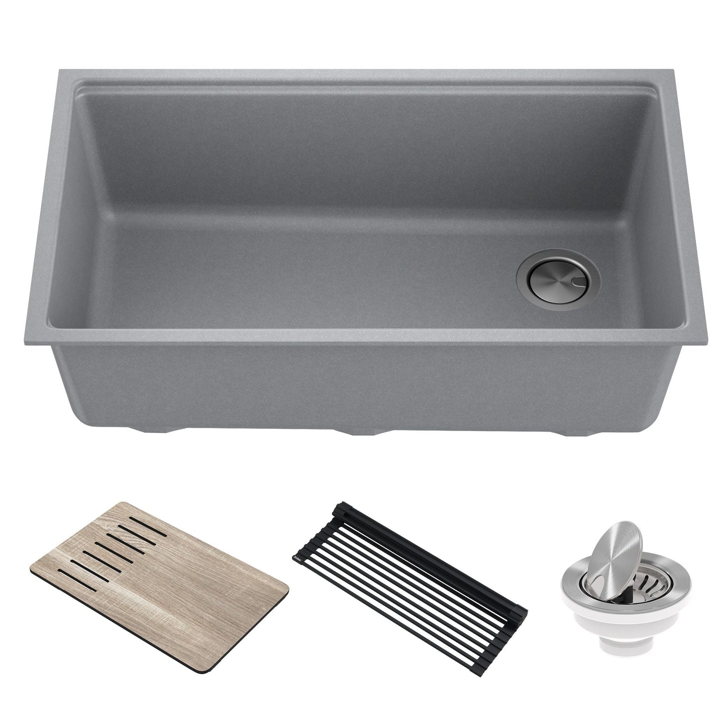 KRAUS Bellucci Workstation 33" Undermount Granite Composite Kitchen Sink in Metallic Gray with Accessories