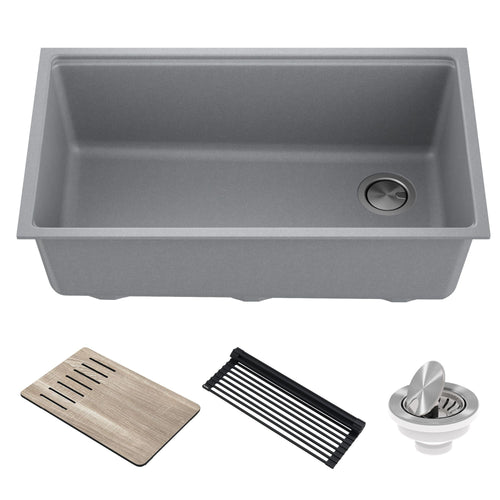 KRAUS Bellucci Workstation 33" Undermount Granite Composite Kitchen Sink in Metallic Gray with Accessories