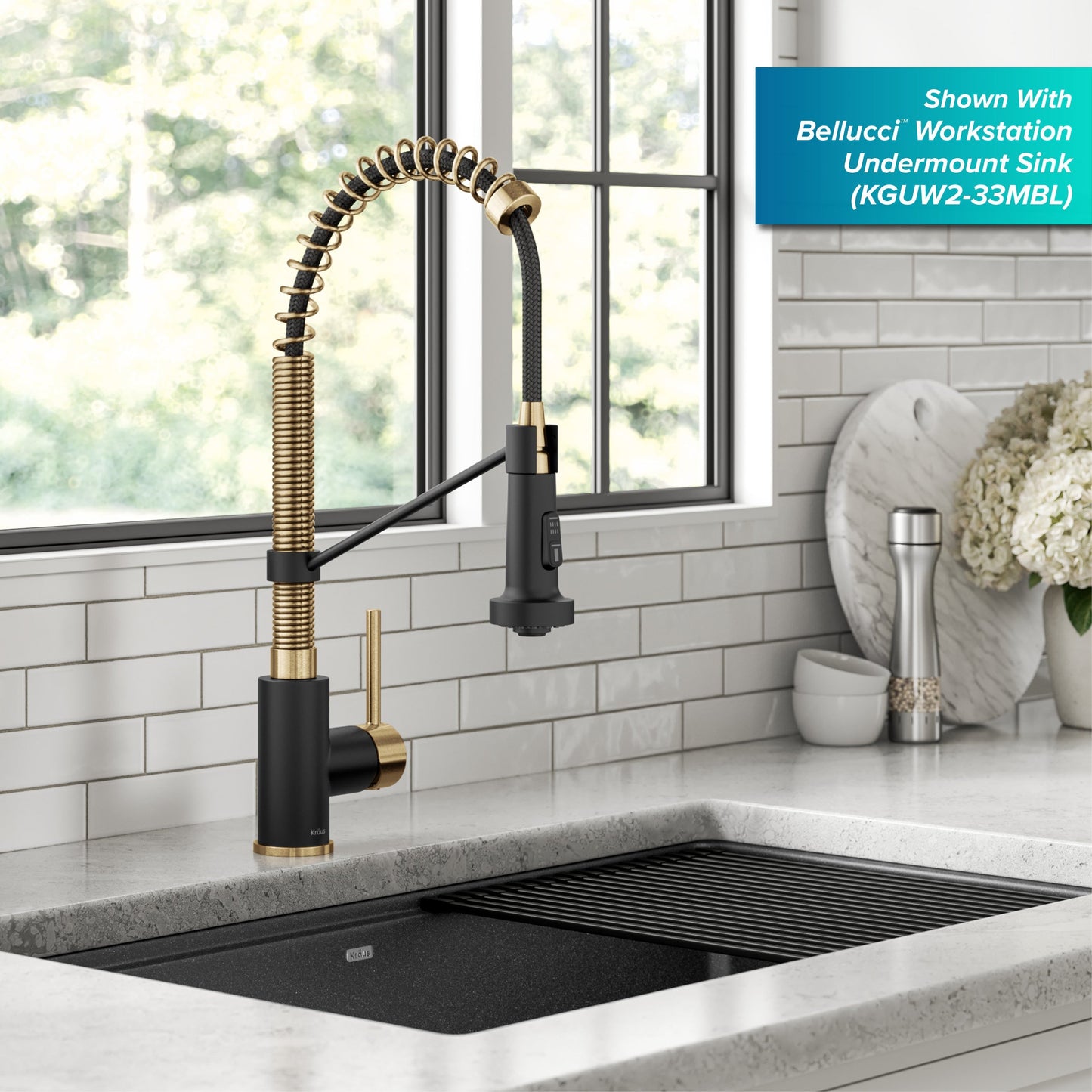KRAUS Bolden 18-Inch Commercial Kitchen Faucet with Pull-Down Sprayhead in Brushed Brass & Matte Black - KPF-1610BBMB