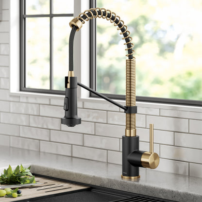 KRAUS Bolden 18-Inch Commercial Kitchen Faucet with Pull-Down Sprayhead in Brushed Brass & Matte Black - KPF-1610BBMB