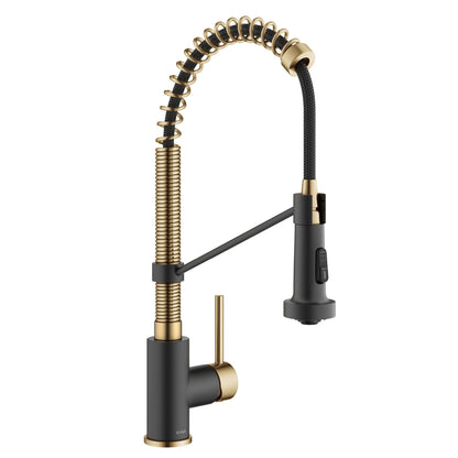 KRAUS Bolden 18-Inch Commercial Kitchen Faucet with Pull-Down Sprayhead in Brushed Brass & Matte Black - KPF-1610BBMB