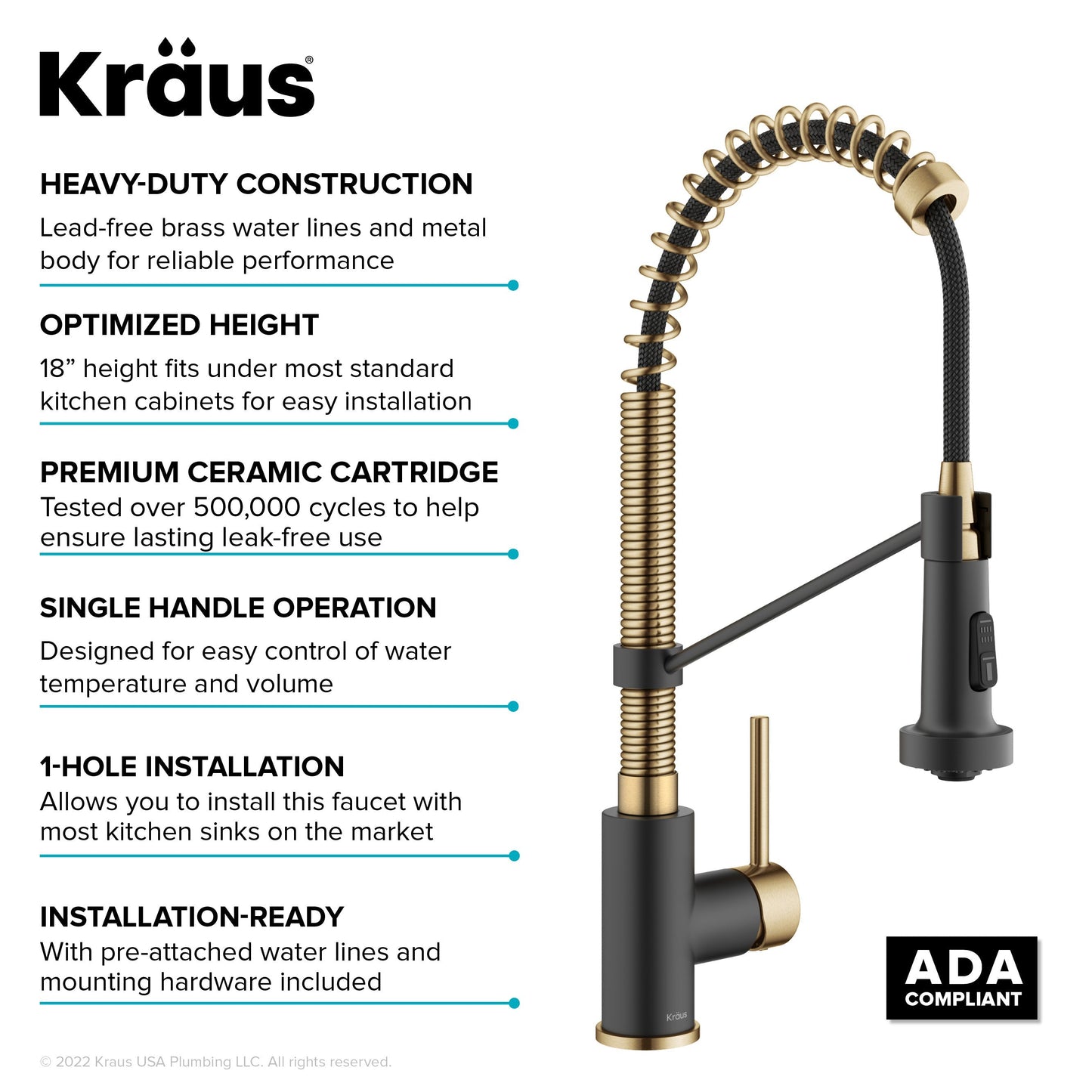 KRAUS Bolden 18-Inch Commercial Kitchen Faucet with Pull-Down Sprayhead in Brushed Brass & Matte Black - KPF-1610BBMB
