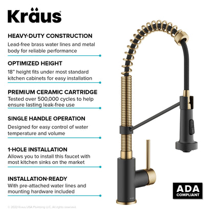 KRAUS Bolden 18-Inch Commercial Kitchen Faucet with Pull-Down Sprayhead in Brushed Brass & Matte Black - KPF-1610BBMB