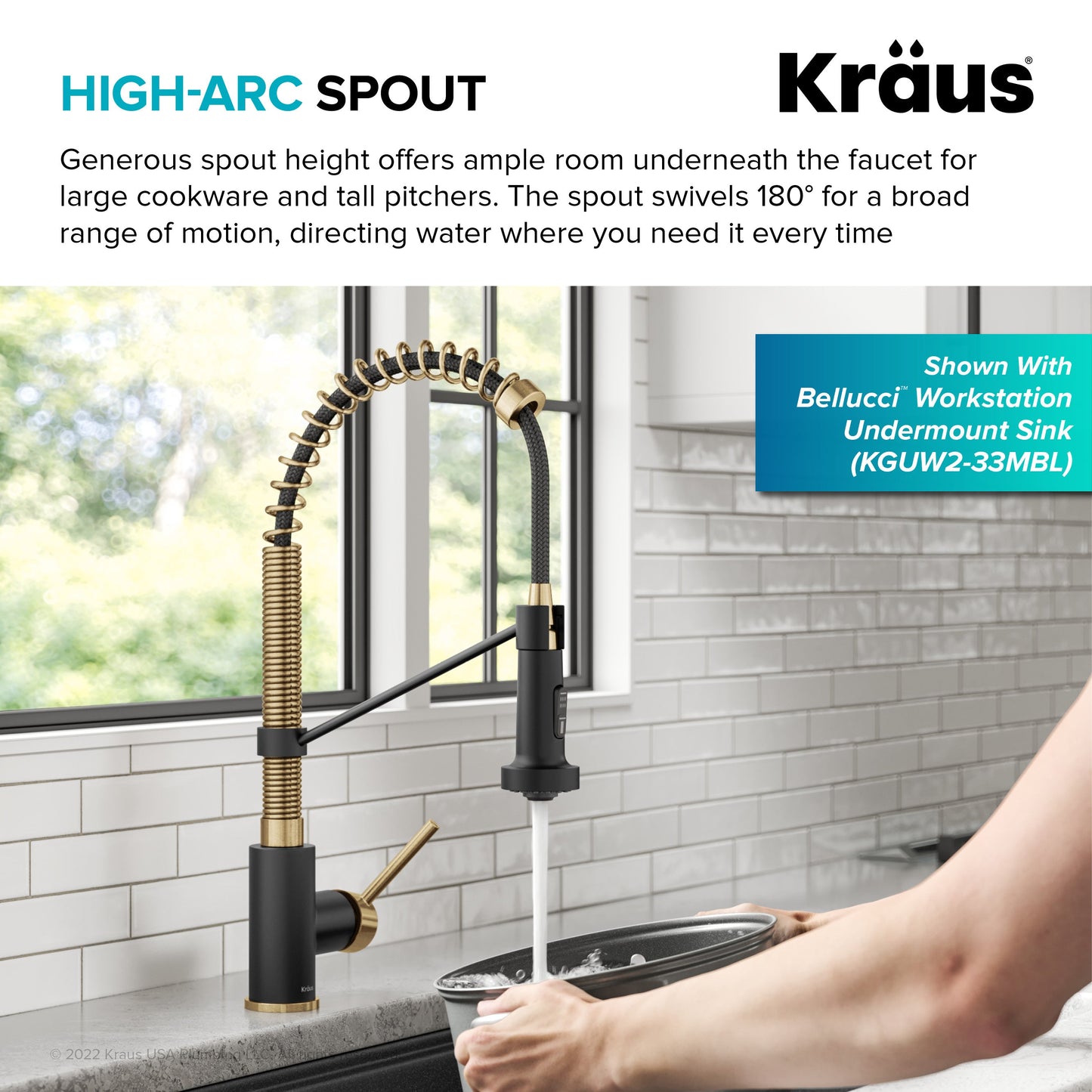 KRAUS Bolden 18-Inch Commercial Kitchen Faucet with Pull-Down Sprayhead in Brushed Brass & Matte Black - KPF-1610BBMB