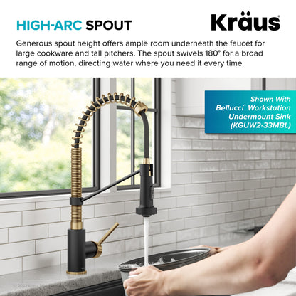 KRAUS Bolden 18-Inch Commercial Kitchen Faucet with Pull-Down Sprayhead in Brushed Brass & Matte Black - KPF-1610BBMB