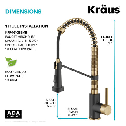 KRAUS Bolden 18-Inch Commercial Kitchen Faucet with Pull-Down Sprayhead in Brushed Brass & Matte Black - KPF-1610BBMB