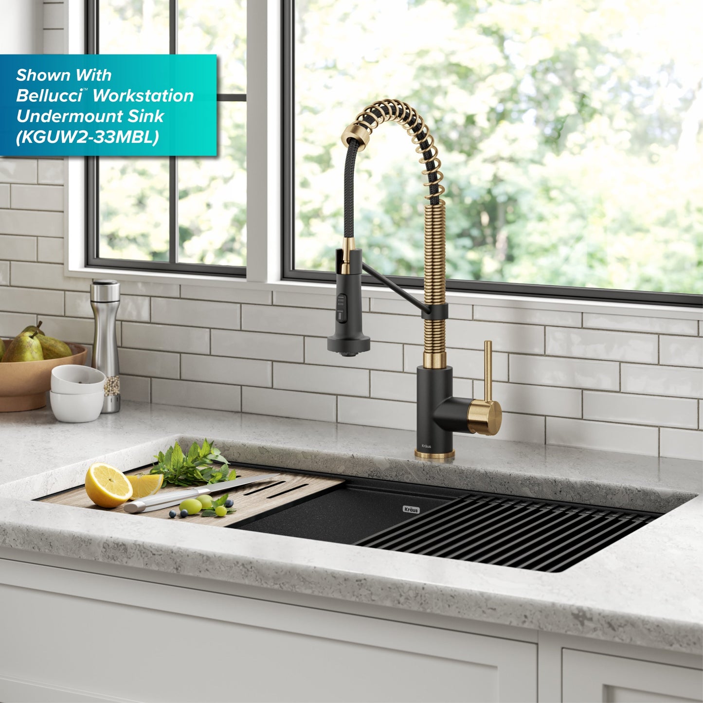 KRAUS Bolden 18-Inch Commercial Kitchen Faucet with Pull-Down Sprayhead in Brushed Brass & Matte Black - KPF-1610BBMB