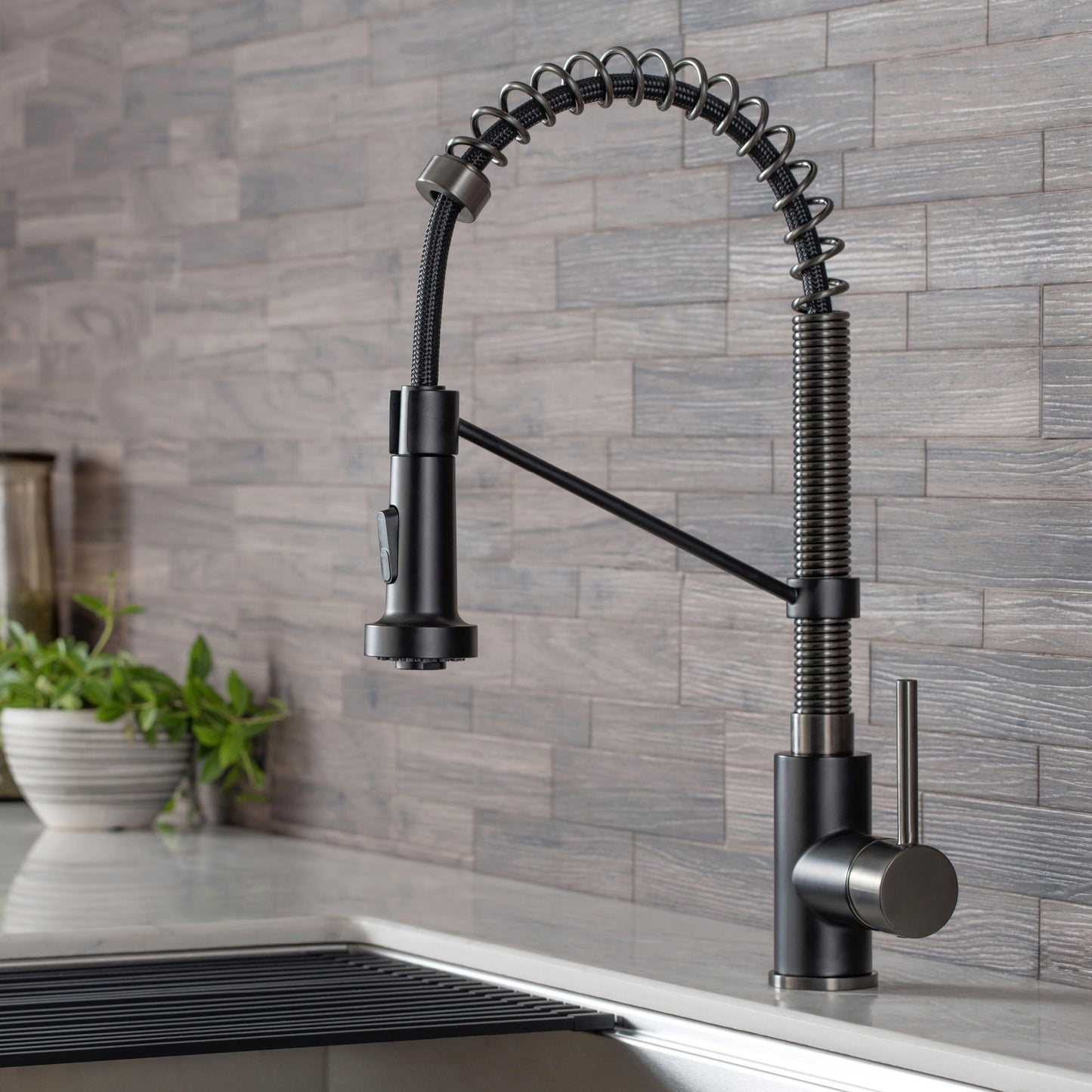 KRAUS Bolden 18-Inch Commercial Kitchen Faucet with Pull-Down Sprayhead in Matte Black Black Stainless - KPF-1610MBSB