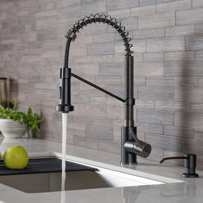 KRAUS Bolden 18-Inch Commercial Kitchen Faucet with Pull-Down Sprayhead in Matte Black Black Stainless - KPF-1610MBSB