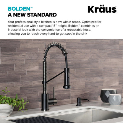 KRAUS Bolden 18-Inch Commercial Kitchen Faucet with Pull-Down Sprayhead in Matte Black Black Stainless - KPF-1610MBSB