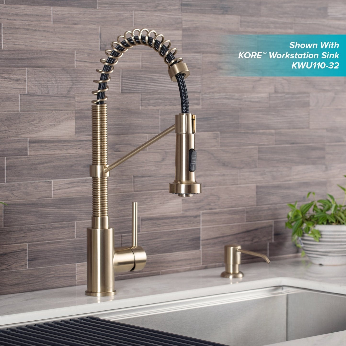 KRAUS Bolden 18-Inch Commercial Kitchen Faucet with Pull-Down Sprayhead in Spot Free Antique Champagne Bronze - KPF-1610SFACB