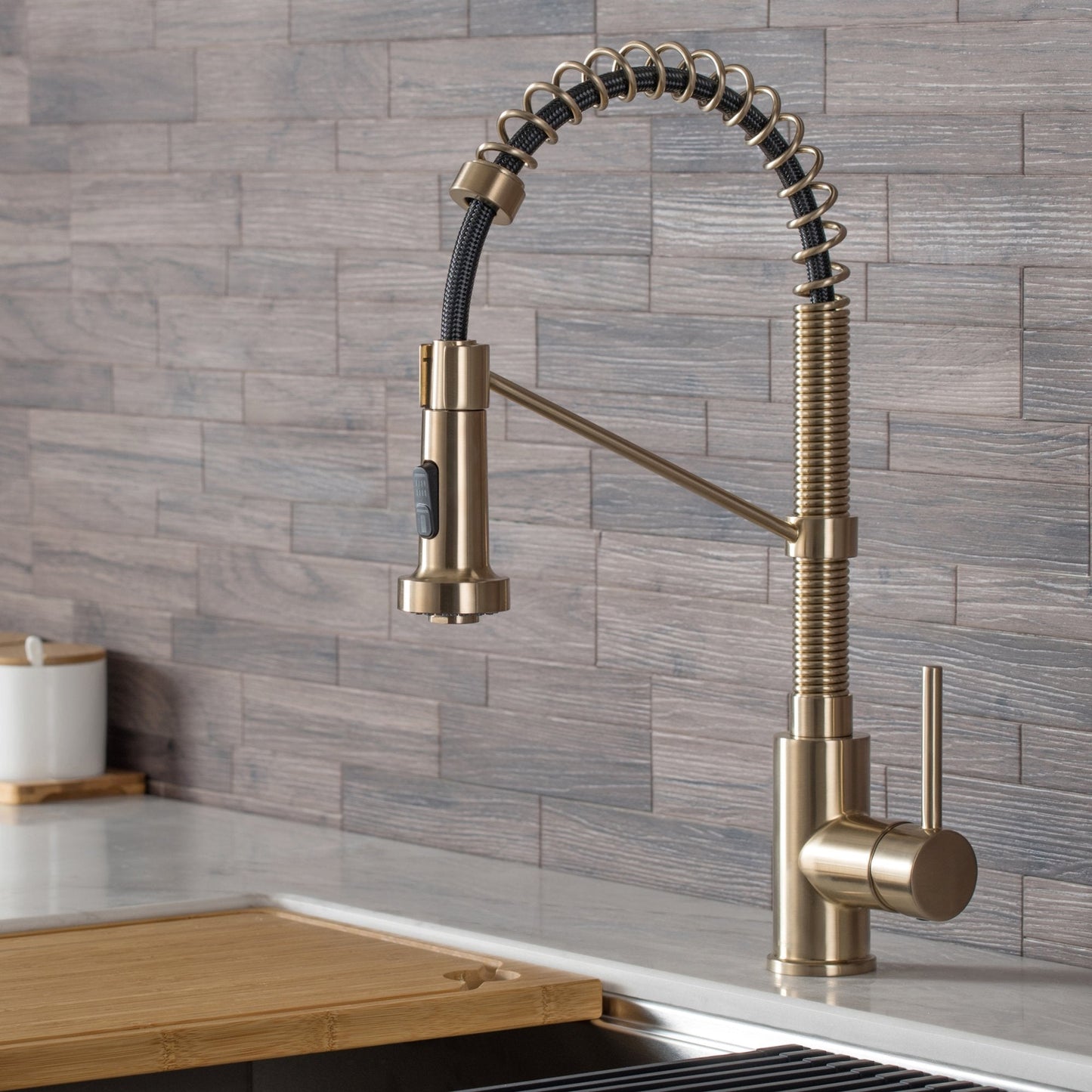 KRAUS Bolden 18-Inch Commercial Kitchen Faucet with Pull-Down Sprayhead in Spot Free Antique Champagne Bronze - KPF-1610SFACB