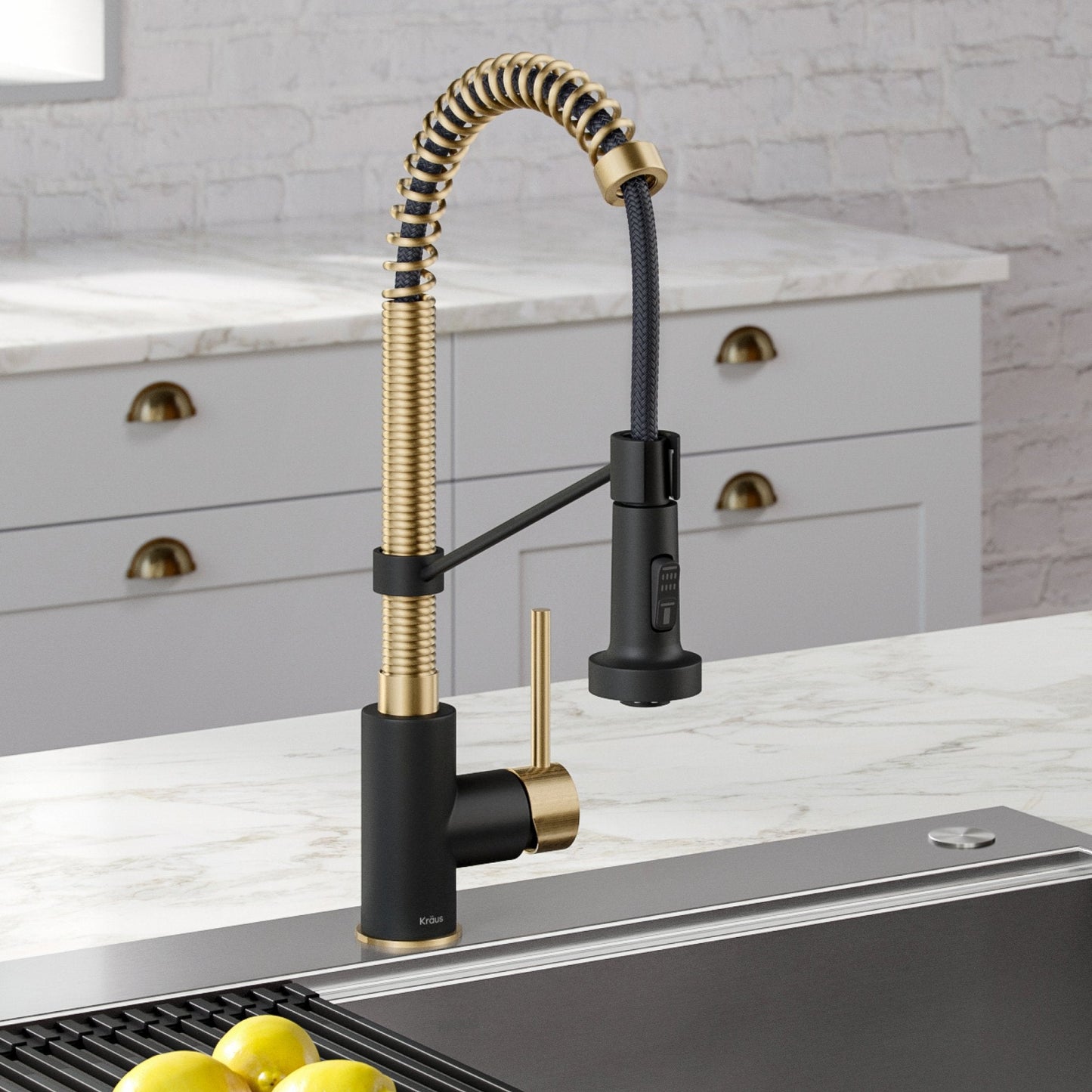 KRAUS Bolden 18-Inch Commercial Kitchen Faucet with Pull-Down Sprayhead in Spot Free Antique Champagne Bronze/Matte Black - KPF-1610SFACBMB