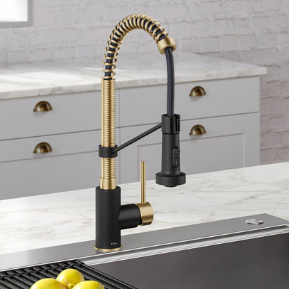 KRAUS Bolden 18-Inch Commercial Kitchen Faucet with Pull-Down Sprayhead in Spot Free Antique Champagne Bronze/Matte Black - KPF-1610SFACBMB