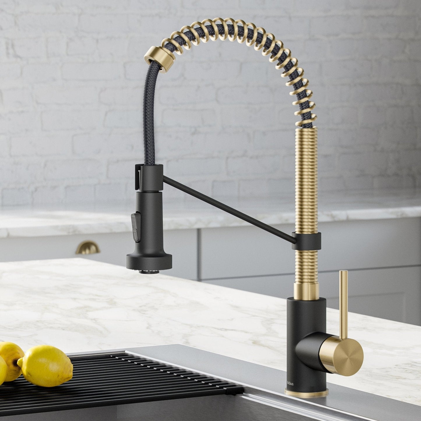 KRAUS Bolden 18-Inch Commercial Kitchen Faucet with Pull-Down Sprayhead in Spot Free Antique Champagne Bronze/Matte Black - KPF-1610SFACBMB
