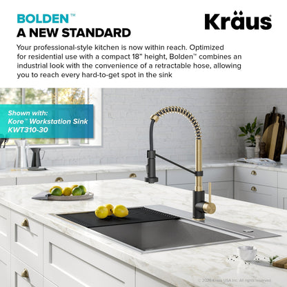 KRAUS Bolden 18-Inch Commercial Kitchen Faucet with Pull-Down Sprayhead in Spot Free Antique Champagne Bronze/Matte Black - KPF-1610SFACBMB