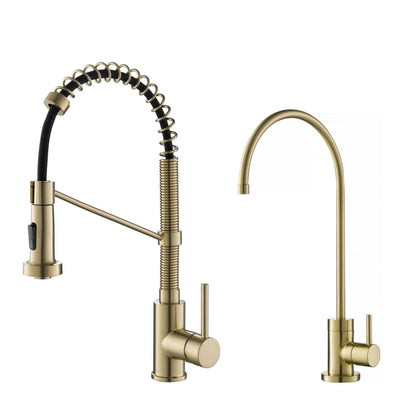 KRAUS Bolden Commercial Style Pull-Down Kitchen Faucet and Purita Water Filter Faucet Combo in Spot Free Antique Champagne Bronze - KPF-1610-FF-100SFACB