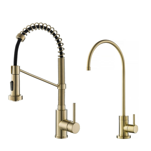 KRAUS Bolden Commercial Style Pull-Down Kitchen Faucet and Purita Water Filter Faucet Combo in Spot Free Antique Champagne Bronze - KPF-1610-FF-100SFACB