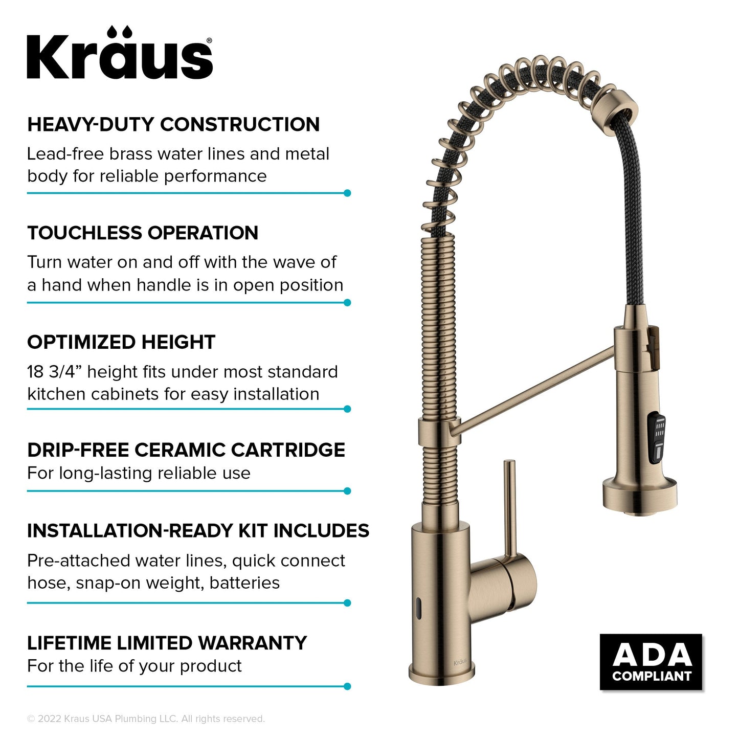 KRAUS Bolden Touchless Pull-Down Single Handle Faucet in Spot Free Antique Champagne Bronze - KSF-1610SFACB