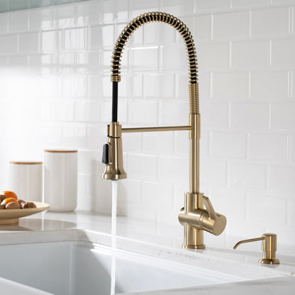 KRAUS Britt Commercial Style Kitchen Faucet and Purita Water Filter Faucet Combo in Spot Free Antique Champagne Bronze - KPF-1690-FF-100SFACB