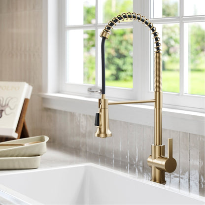 KRAUS Britt Commercial Style Pull-Down Single Handle Kitchen Faucet in Spot Free Antique Champagne Bronze - KPF-1691SFACB