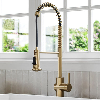 KRAUS Britt Commercial Style Pull-Down Single Handle Kitchen Faucet in Spot Free Antique Champagne Bronze - KPF-1691SFACB