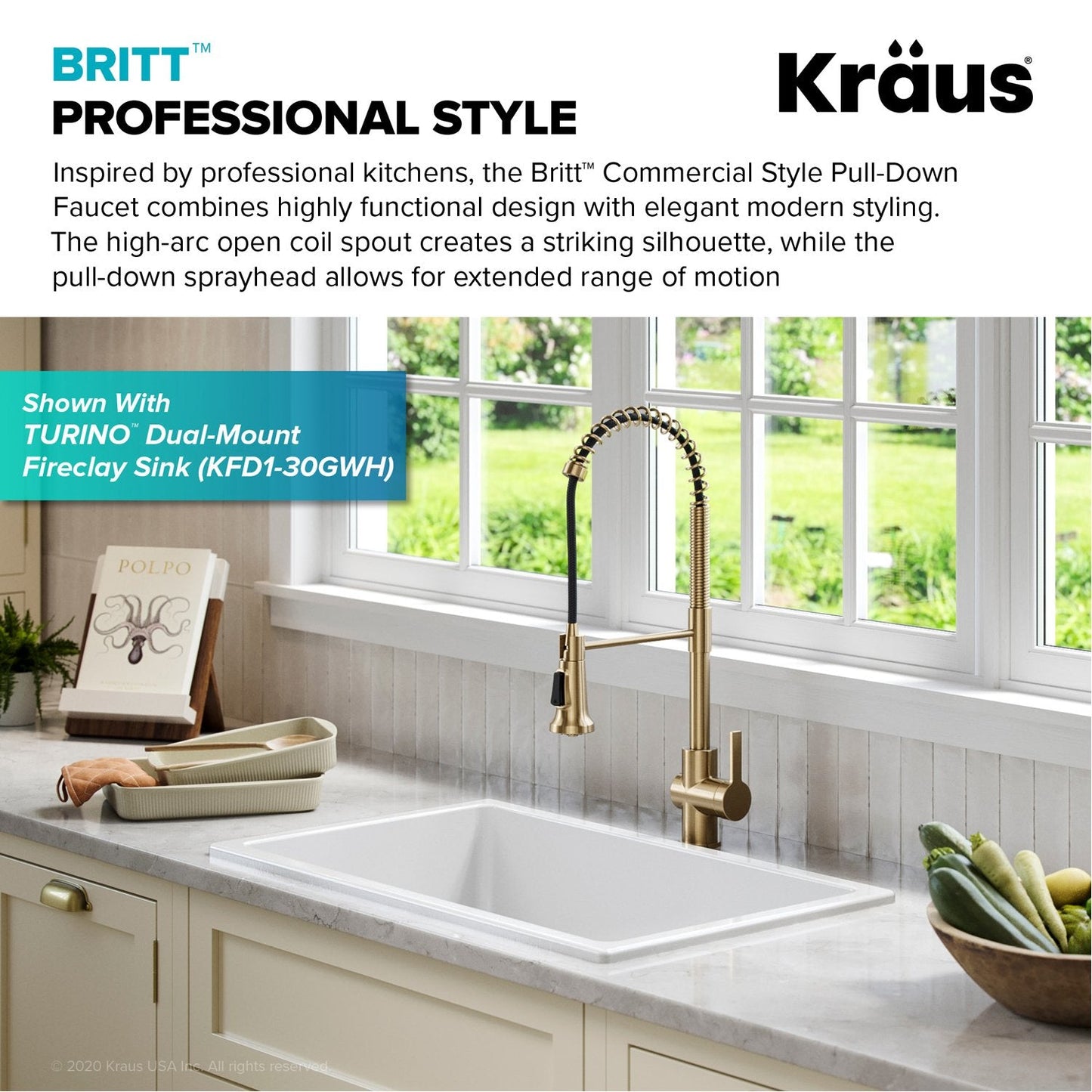 KRAUS Britt Commercial Style Pull-Down Single Handle Kitchen Faucet in Spot Free Antique Champagne Bronze - KPF-1691SFACB