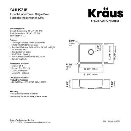 KRAUS Dex 21" Undermount 16 Gauge Stainless Steel Kitchen Sink - KA1US21B