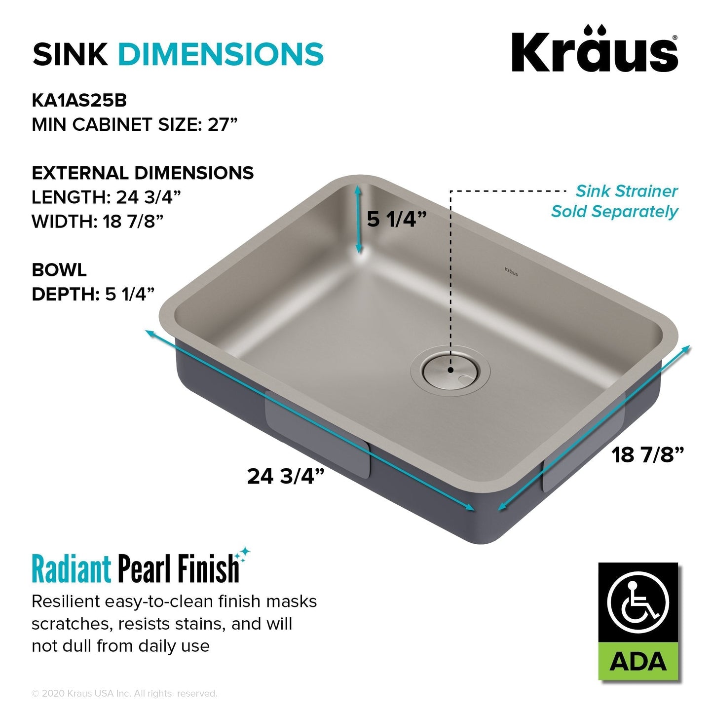 KRAUS Dex 25" Undermount 16 Gauge Stainless Steel ADA Kitchen Sink - KA1AS25B