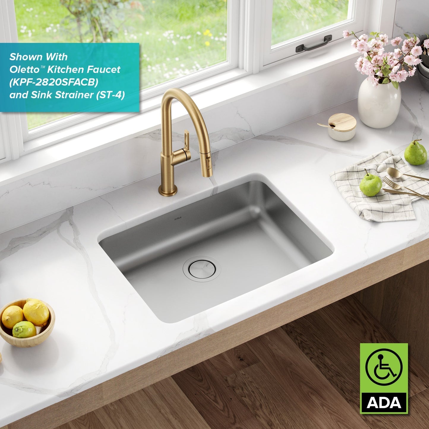 KRAUS Dex 25" Undermount 16 Gauge Stainless Steel ADA Kitchen Sink - KA1AS25B