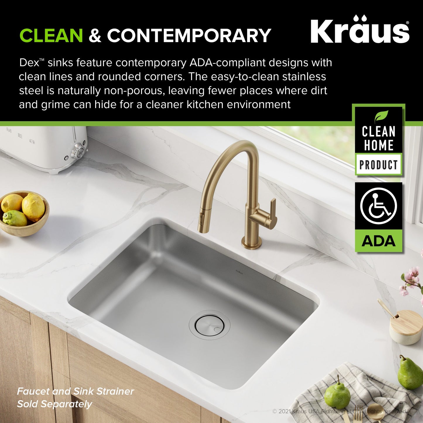 KRAUS Dex 25" Undermount 16 Gauge Stainless Steel ADA Kitchen Sink - KA1AS25B
