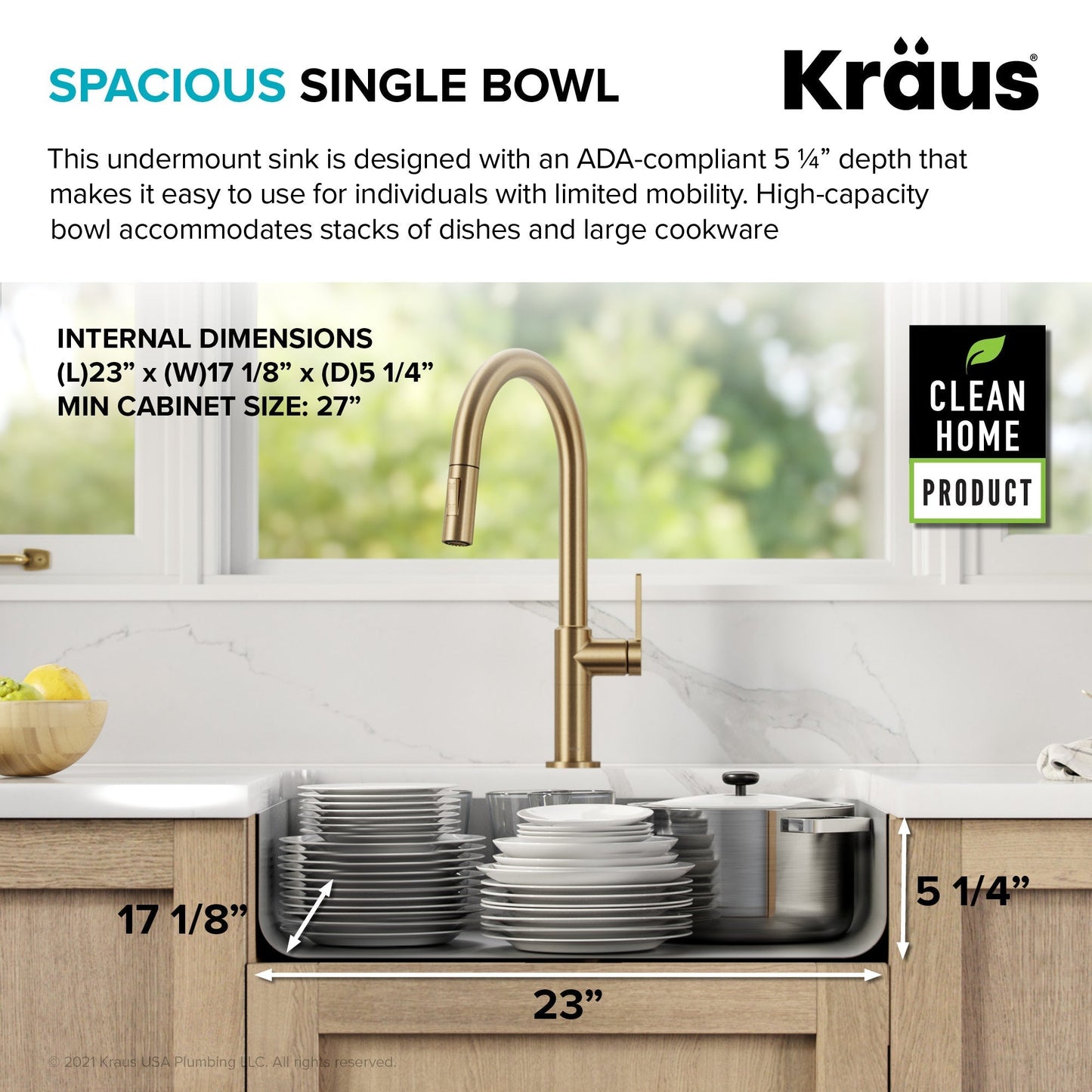 KRAUS Dex 25" Undermount 16 Gauge Stainless Steel ADA Kitchen Sink - KA1AS25B