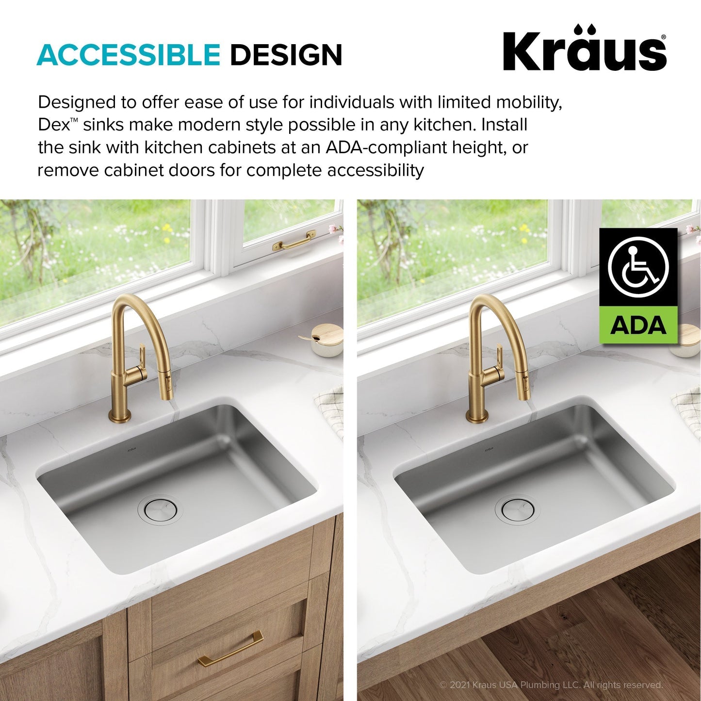 KRAUS Dex 25" Undermount 16 Gauge Stainless Steel ADA Kitchen Sink - KA1AS25B