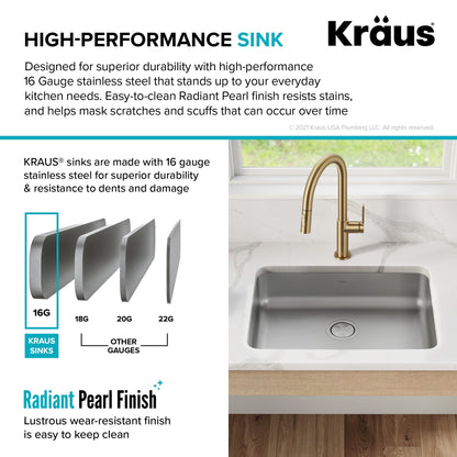 KRAUS Dex 25" Undermount 16 Gauge Stainless Steel ADA Kitchen Sink - KA1AS25B