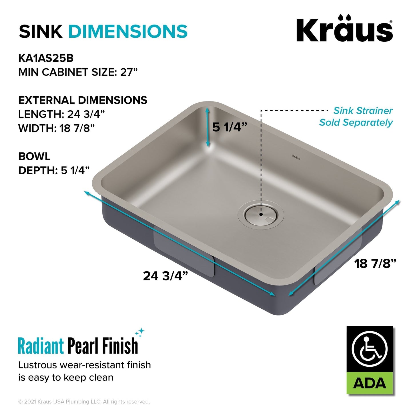 KRAUS Dex 25" Undermount 16 Gauge Stainless Steel ADA Kitchen Sink - KA1AS25B
