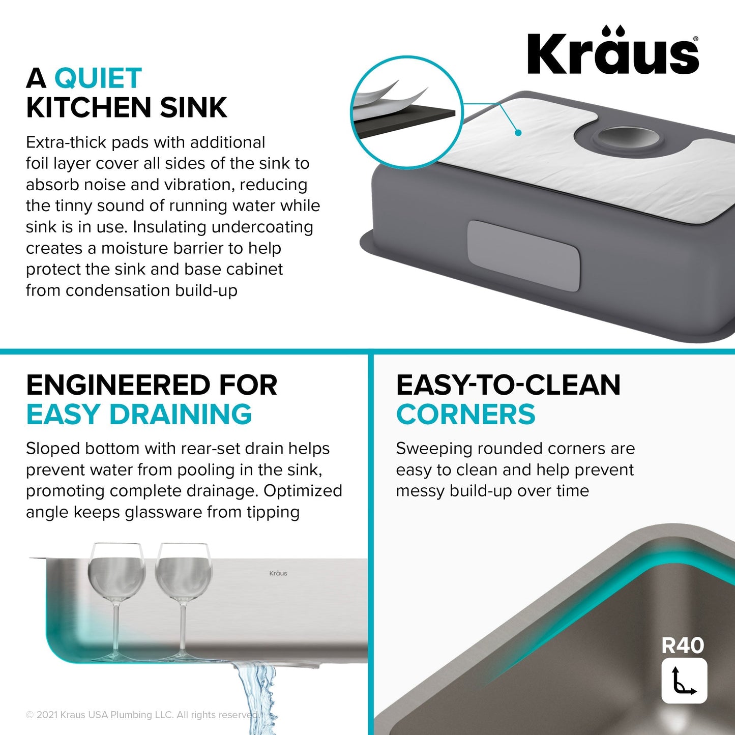 KRAUS Dex 25" Undermount 16 Gauge Stainless Steel ADA Kitchen Sink - KA1AS25B