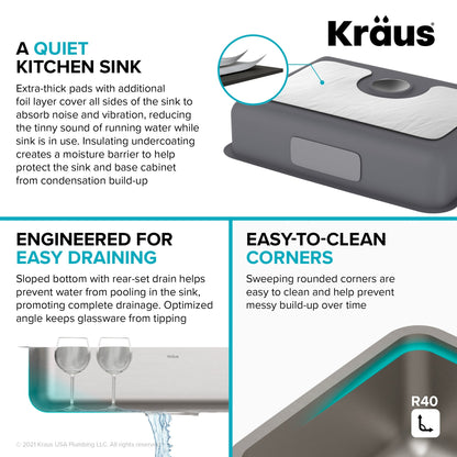 KRAUS Dex 25" Undermount 16 Gauge Stainless Steel ADA Kitchen Sink - KA1AS25B