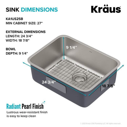 KRAUS Dex 25" Undermount 16 Gauge Stainless Steel Kitchen Sink - KA1US25B