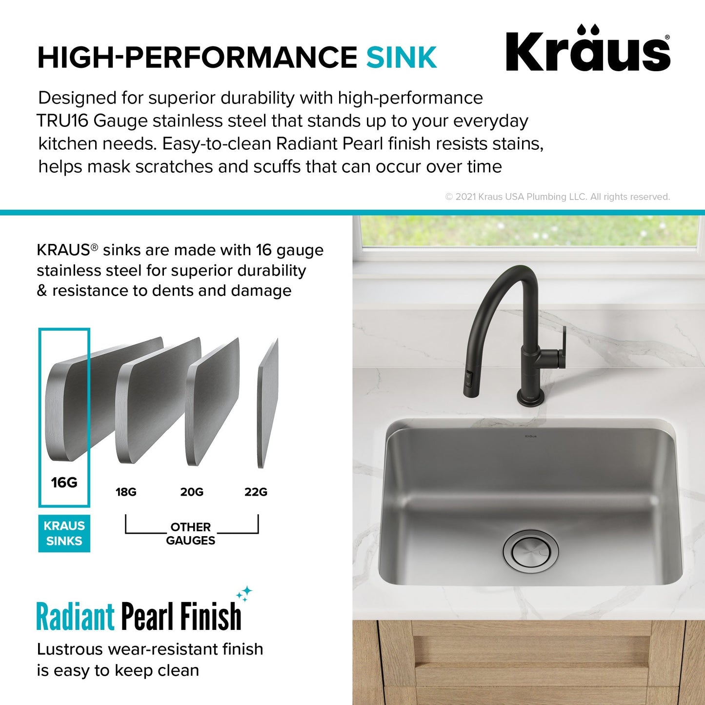 KRAUS Dex 25" Undermount 16 Gauge Stainless Steel Kitchen Sink - KA1US25B