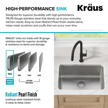 KRAUS Dex 25" Undermount 16 Gauge Stainless Steel Kitchen Sink - KA1US25B