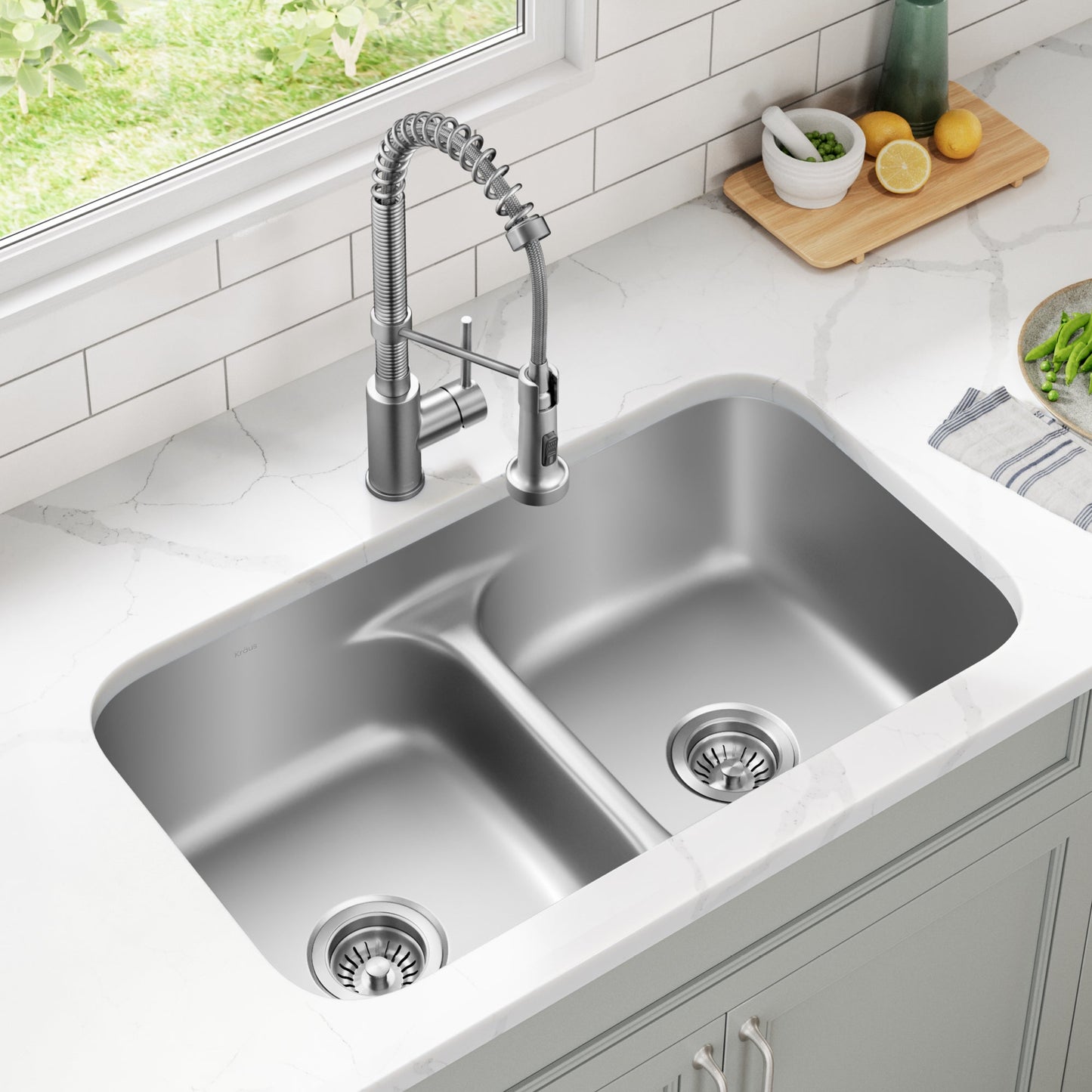 KRAUS Ellis 32" Undermount Kitchen Sink Combo Set with Bolden 18" Pull-Down Commercial Kitchen Faucet in Stainless Steel - KCA-1200