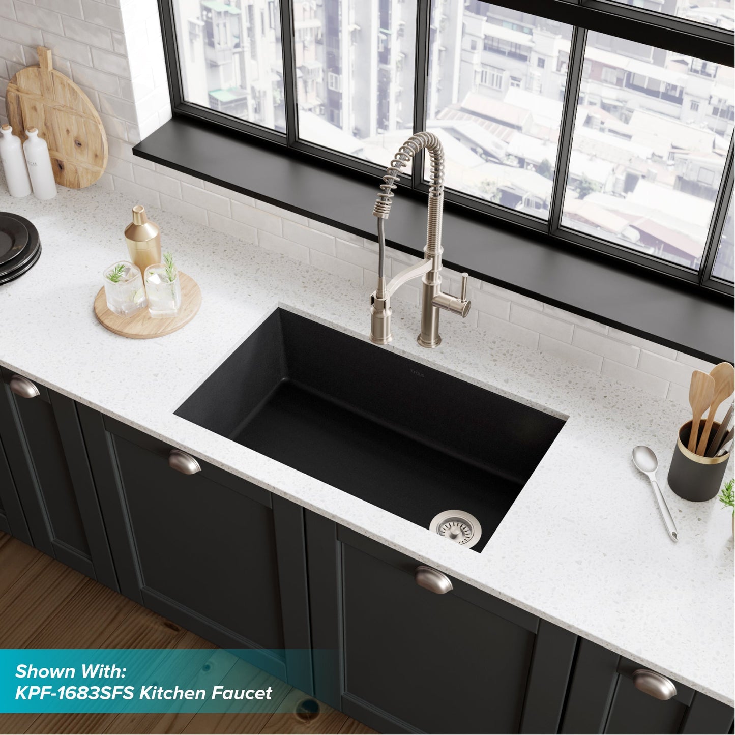 KRAUS Forteza 32" Undermount Single Bowl Granite Kitchen Sink in Black - KGU-55BLACK