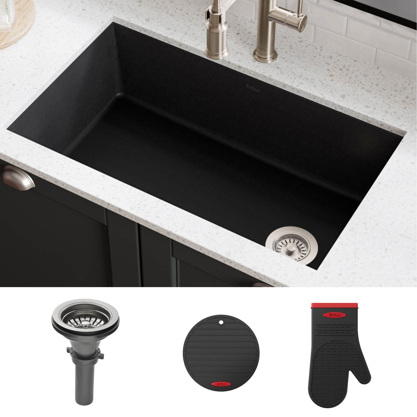 KRAUS Forteza 32" Undermount Single Bowl Granite Kitchen Sink in Black - KGU-55BLACK