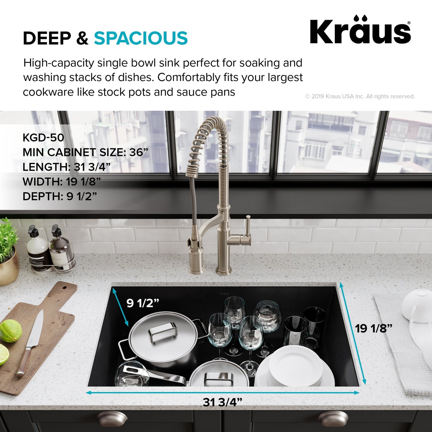 KRAUS Forteza 32" Undermount Single Bowl Granite Kitchen Sink in Black - KGU-55BLACK