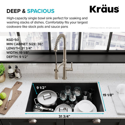 KRAUS Forteza 32" Undermount Single Bowl Granite Kitchen Sink in Black - KGU-55BLACK