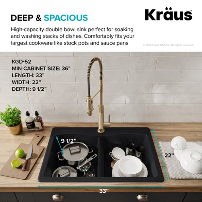 KRAUS Forteza 33" Dual Mount 50/50 Double Bowl Granite Kitchen Sink in Black - KGD-52BLACK