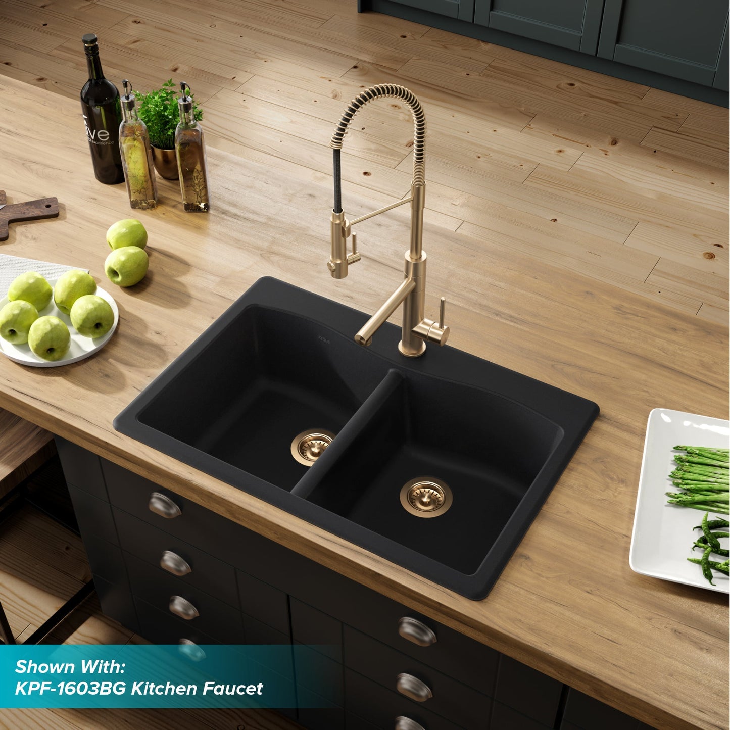 KRAUS Forteza 33" Dual Mount 50/50 Double Bowl Granite Kitchen Sink in Black - KGD-52BLACK